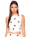 Polka Dot Poplin Tie Back Top close up front view on model