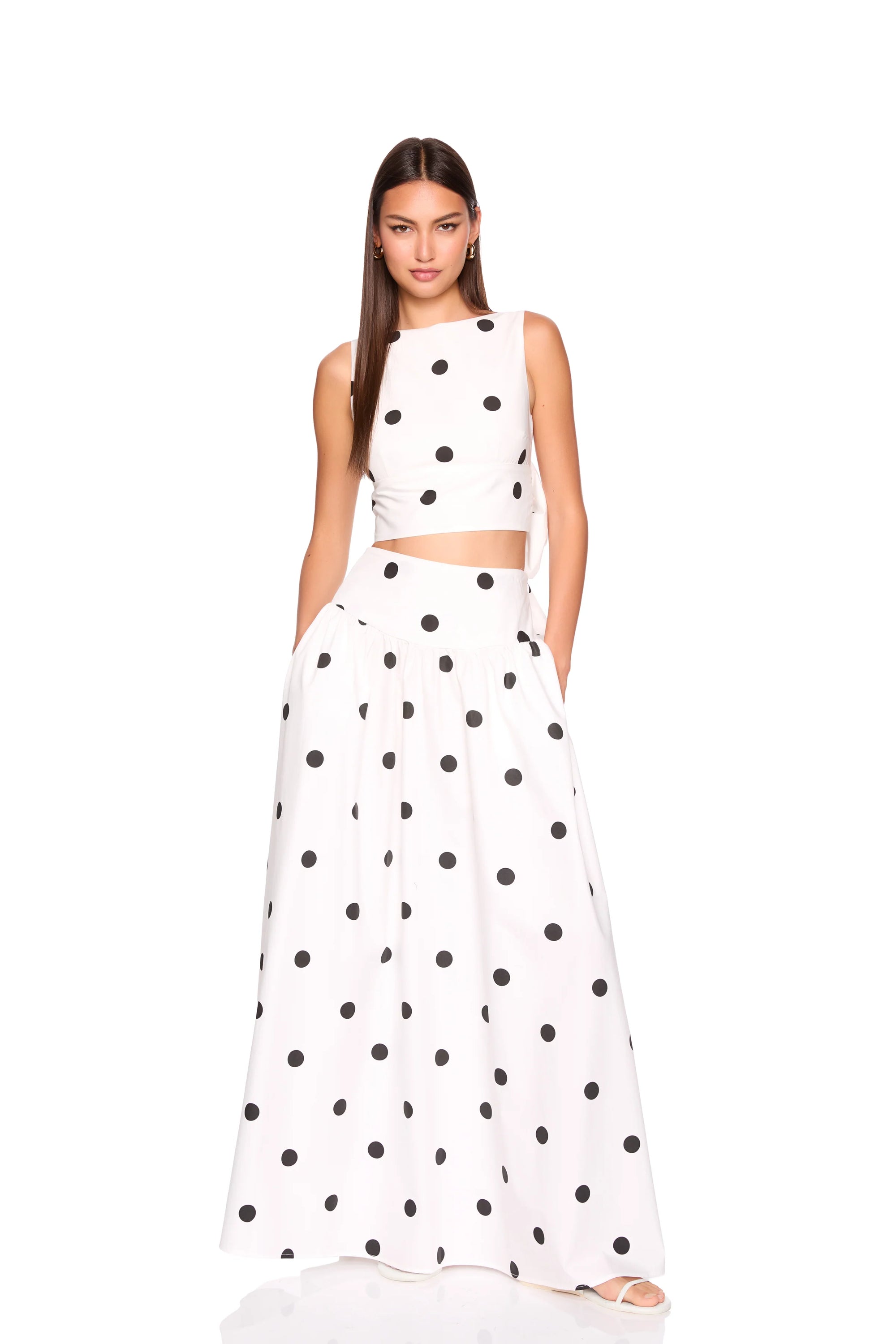 Polka Dot Poplin Tie Back Top full body front view with matching top