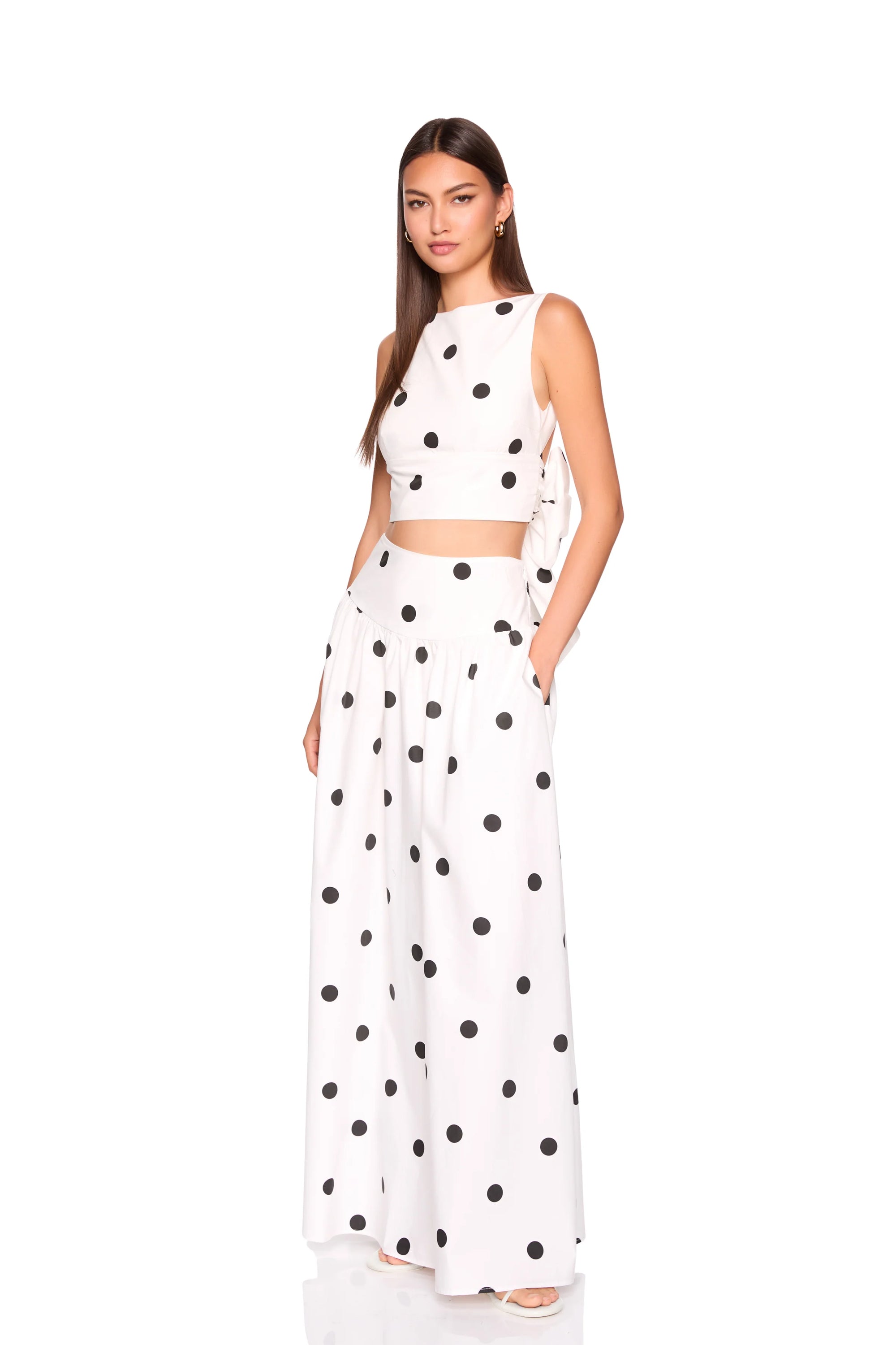 Polka Dot Poplin Tie Back Top full body front and side view on model