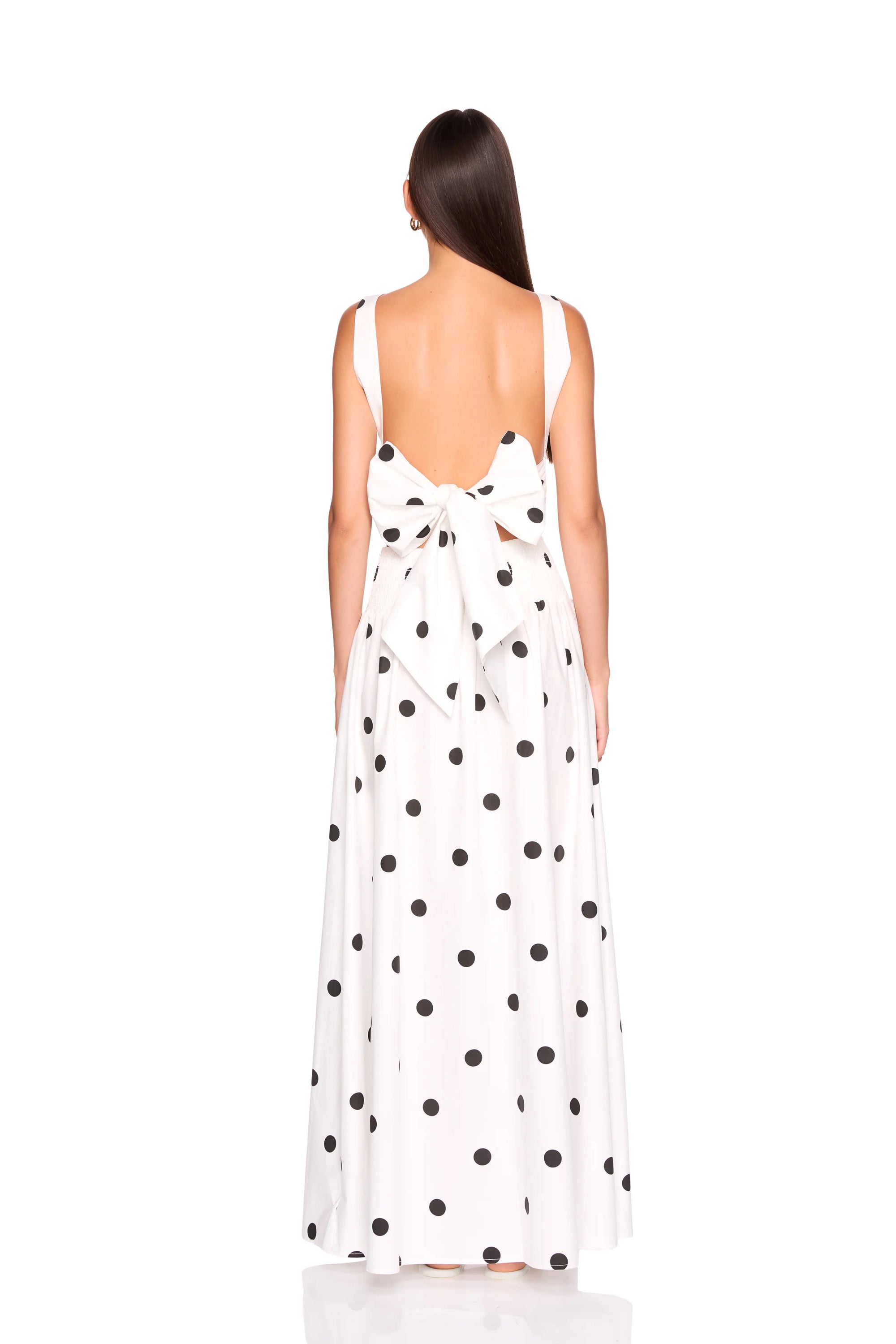 Polka Dot Poplin Drop Waist Skirt full body back view on model