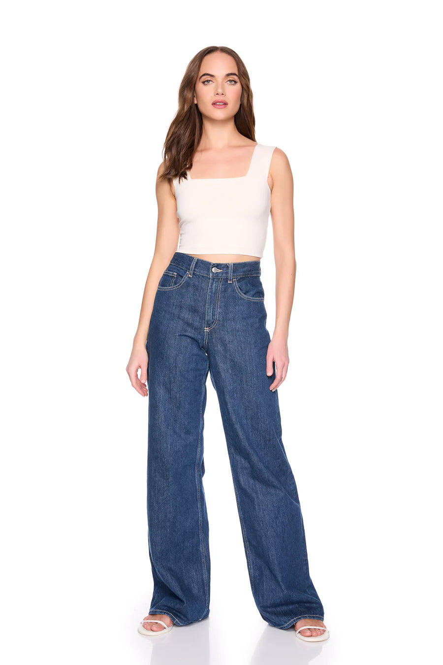 Wide Strap Crop Top in Blanched Almond full body front