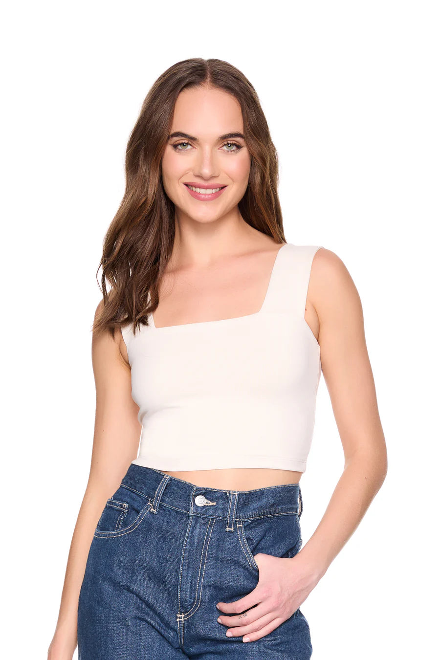 Wide Strap Crop Top in Blanched Almond close up