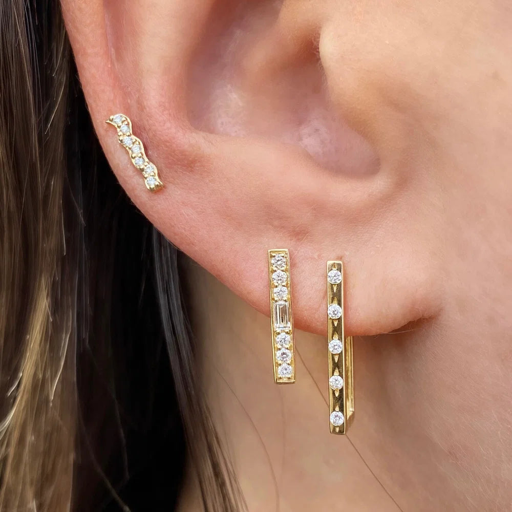 Single Classic Metal Set Diamond Rectangular Hoop on ear in first hole