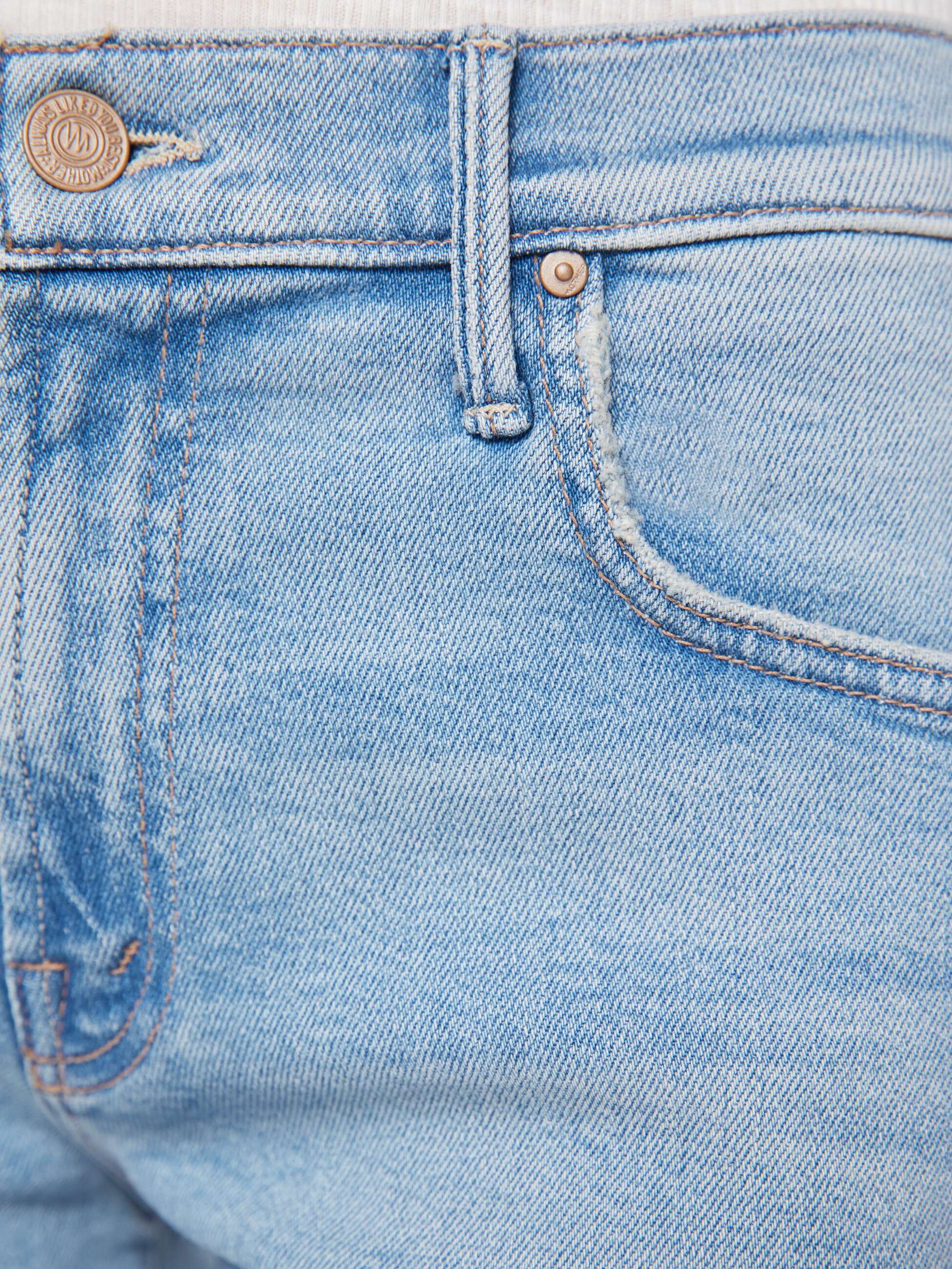 Close-up of blue denim jeans with stitching details