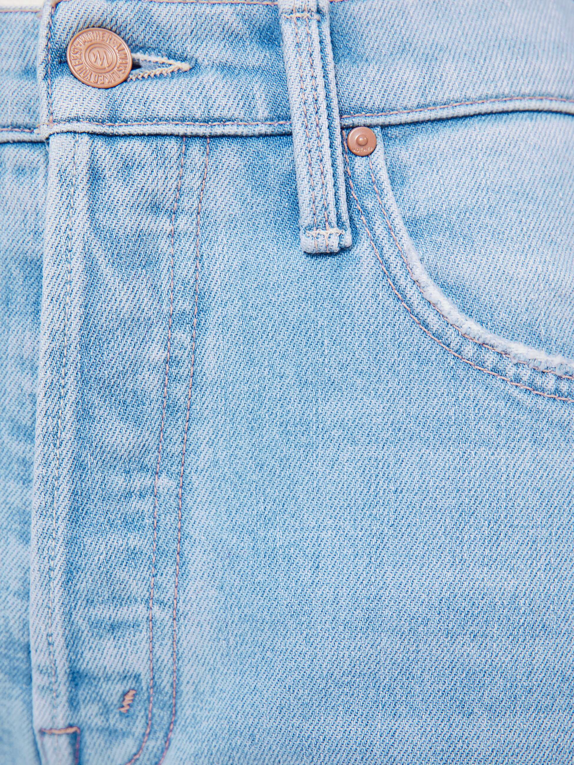 Close-up of a blue denim fabric with stitching details