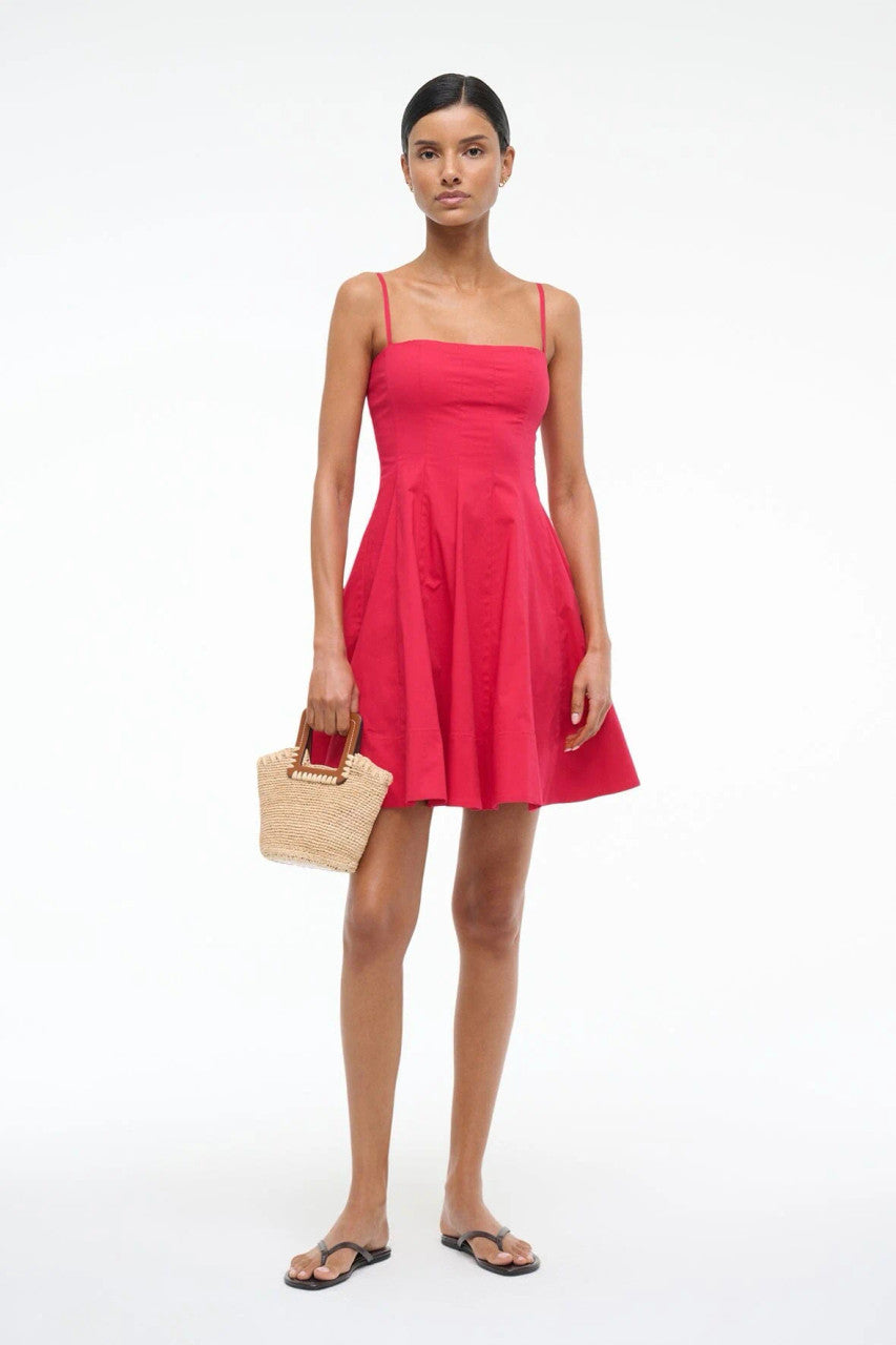 Staud Wylie Mini Dress in Cherry with bag