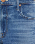 Close-up of blue jeans with stitching details