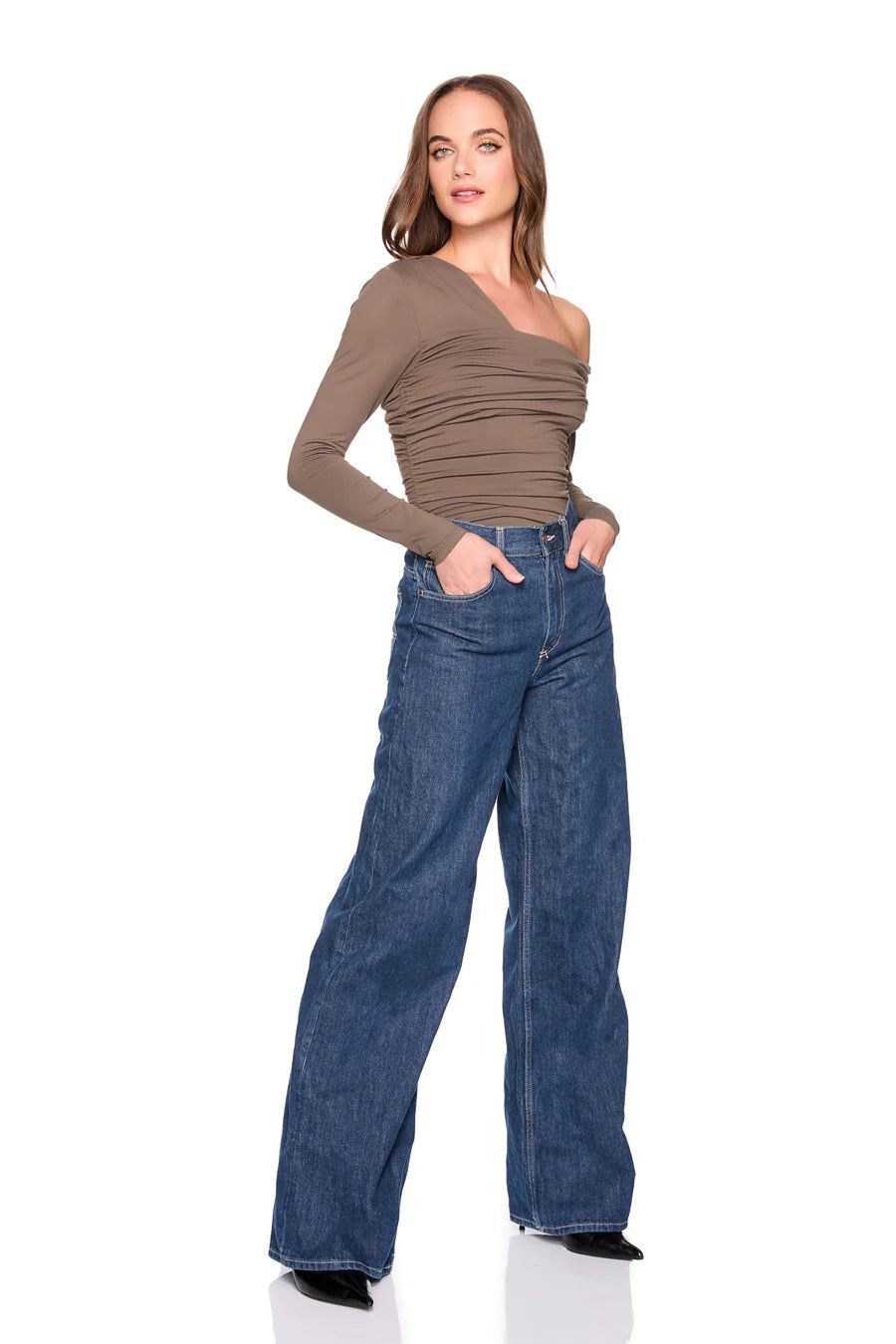 One Arm Off Shoulder Gathered Top front/side view