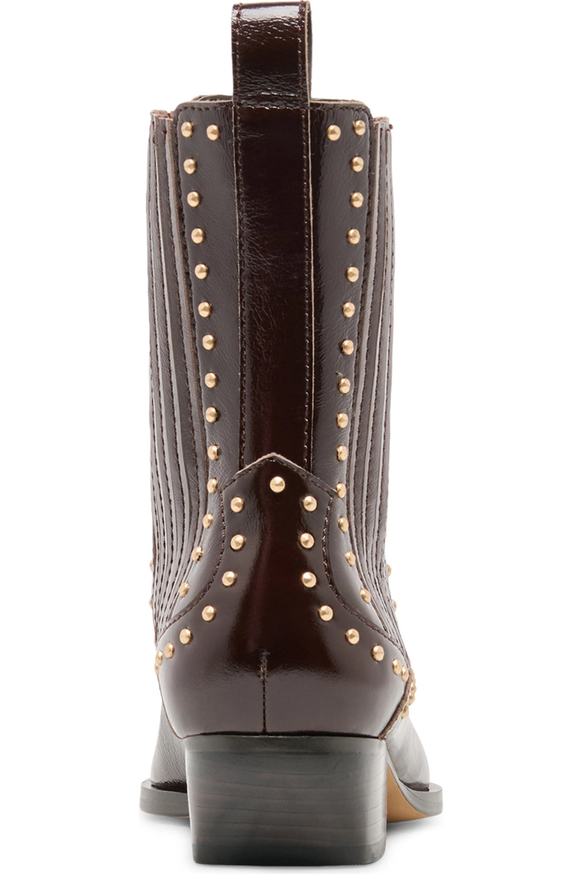 A dark brown leather boot with gold-tone metal studs, shown from the back on a white background.