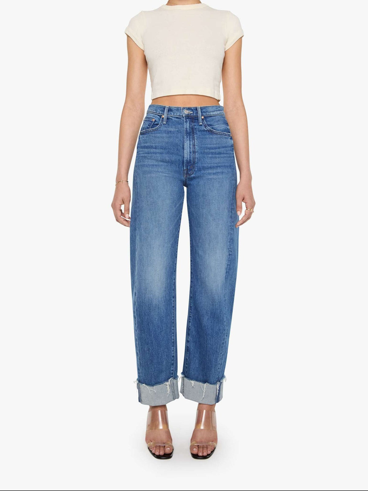 The Half Pipe Ankle Cuff Fray in Get Two Birds Stoned front view on model