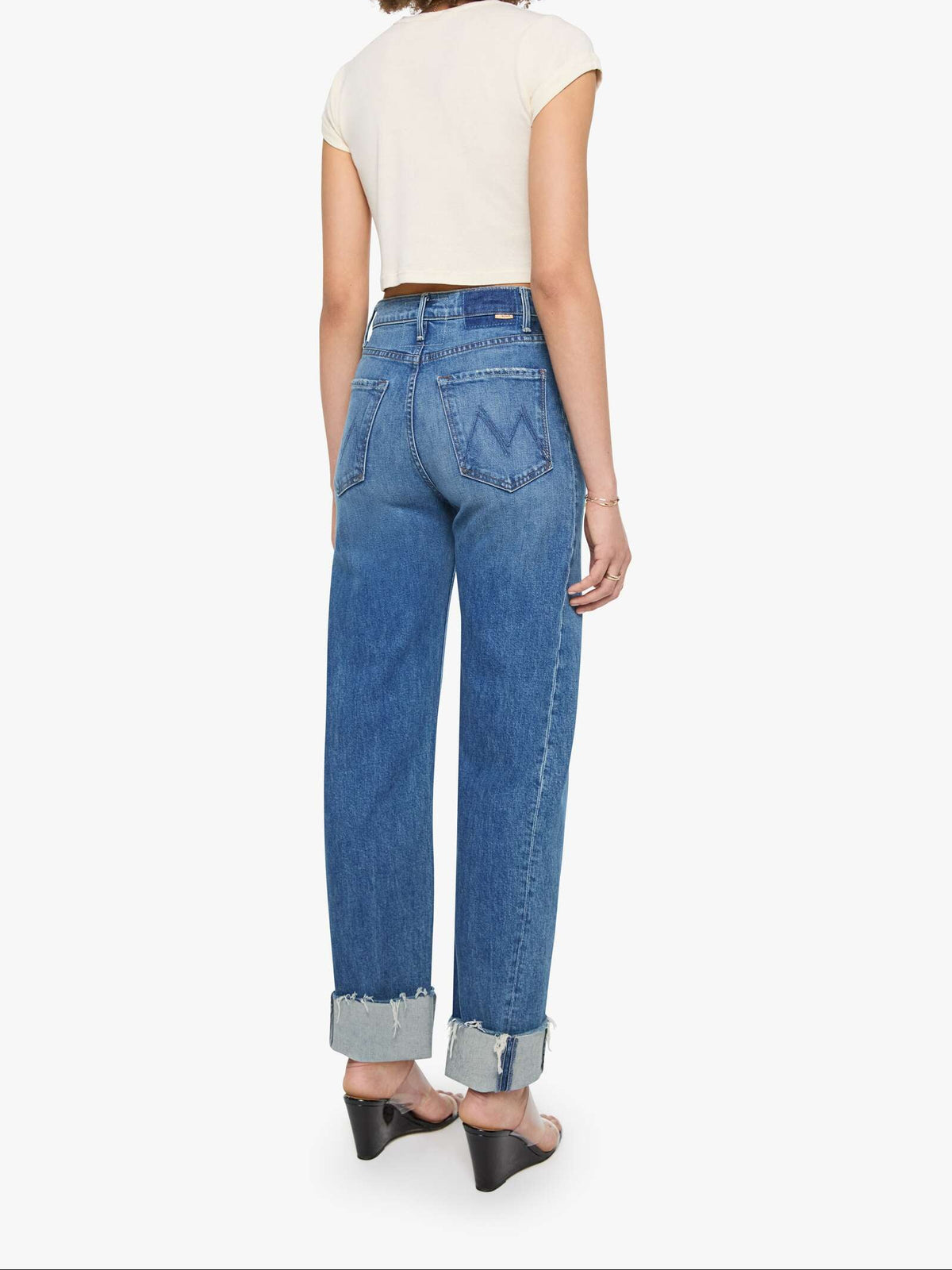 The Half Pipe Ankle Cuff Fray in Get Two Birds Stoned back view on model