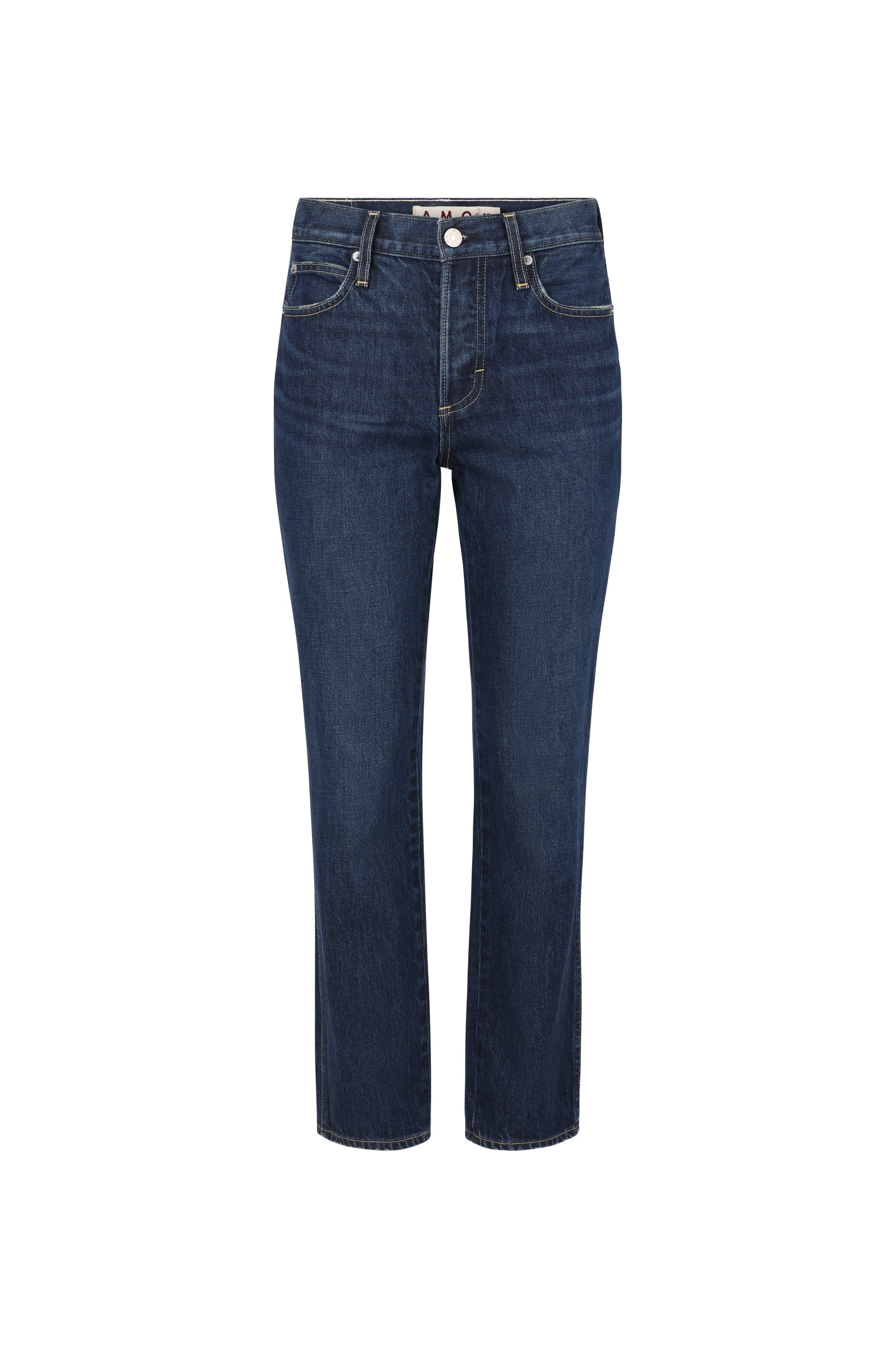 A pair of dark blue straight-leg jeans shown flat against a plain white background.