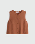 Brown sleeveless top with buttons on a light gray background
