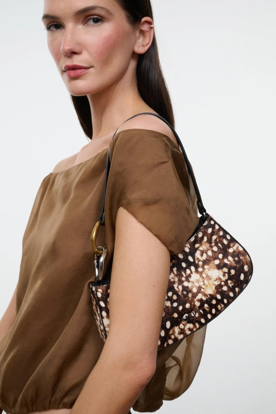 Ollie Bag Fawn Haircalf on shoulder