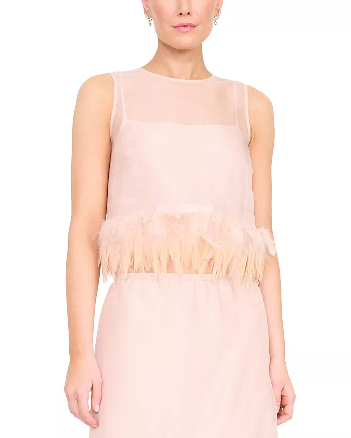 A model wearing a sleeveless light pink dress with a sheer mesh bodice, a feathered ruffle trim at the waist, and a flowing skirt, shown against a plain white background.