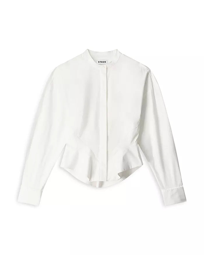 A white long-sleeve cropped blouse with a stand collar and a peplum hem, shown flat on a white background. The brand name 'XAXAR' is visible on the inner neck label.