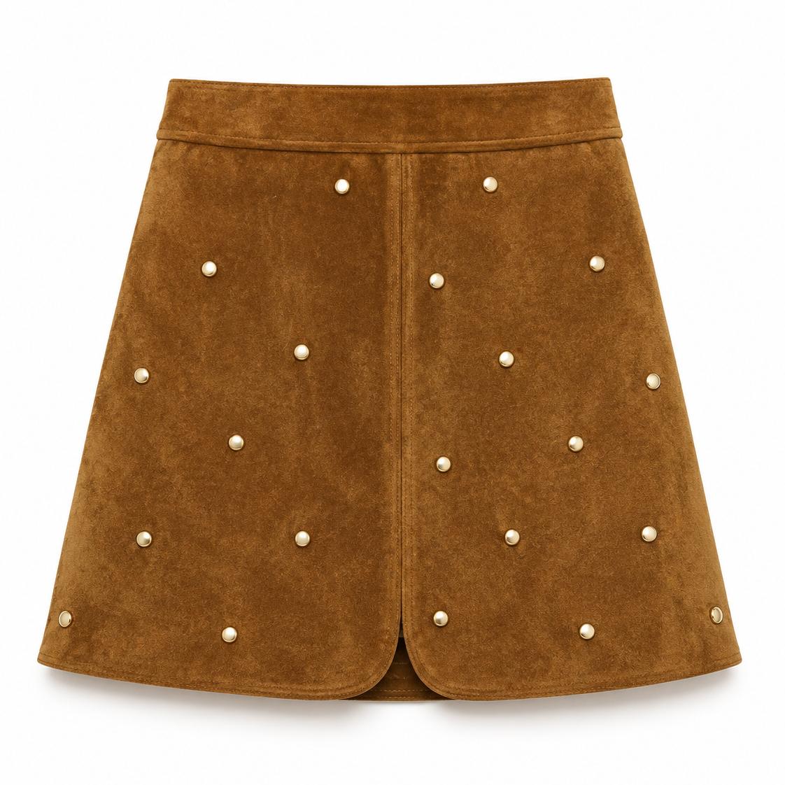 dottie mini skirt in saddle with gold studs on a white background