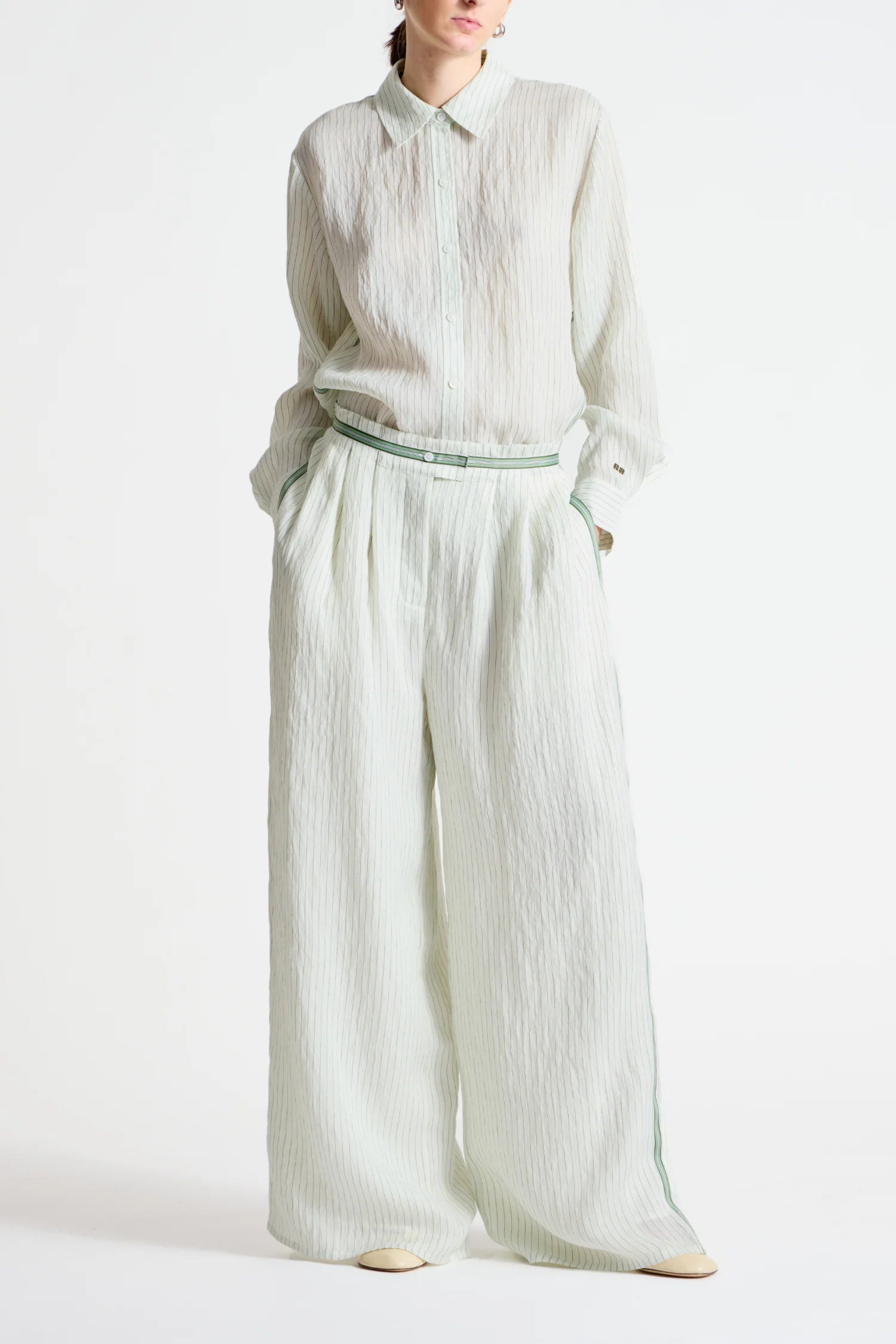 Wilson Pinstripe Pant and Lanette Pinstripe Blouse front