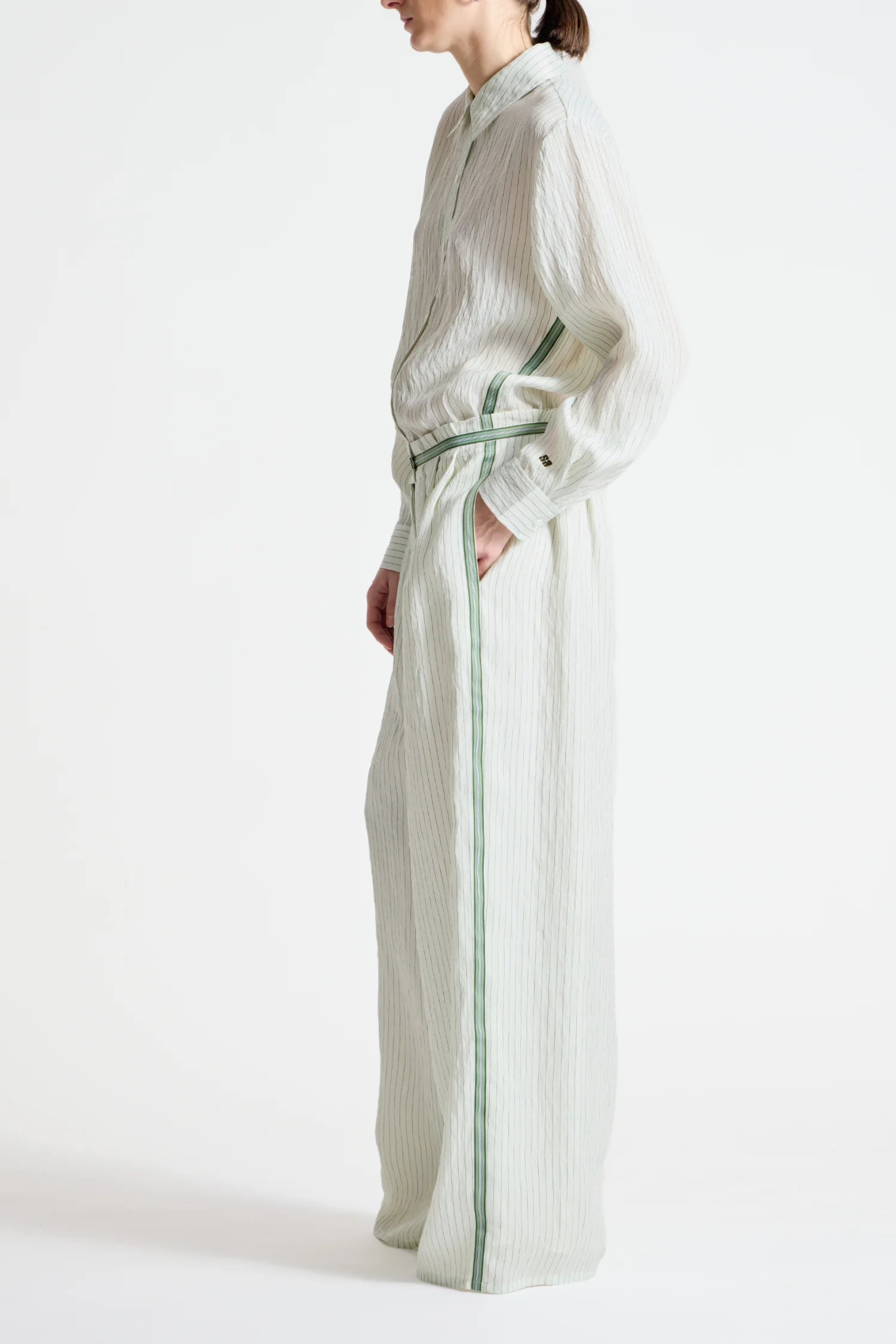 Lanette Pinstripe Blouse and Wilson Pinstripe Pant side