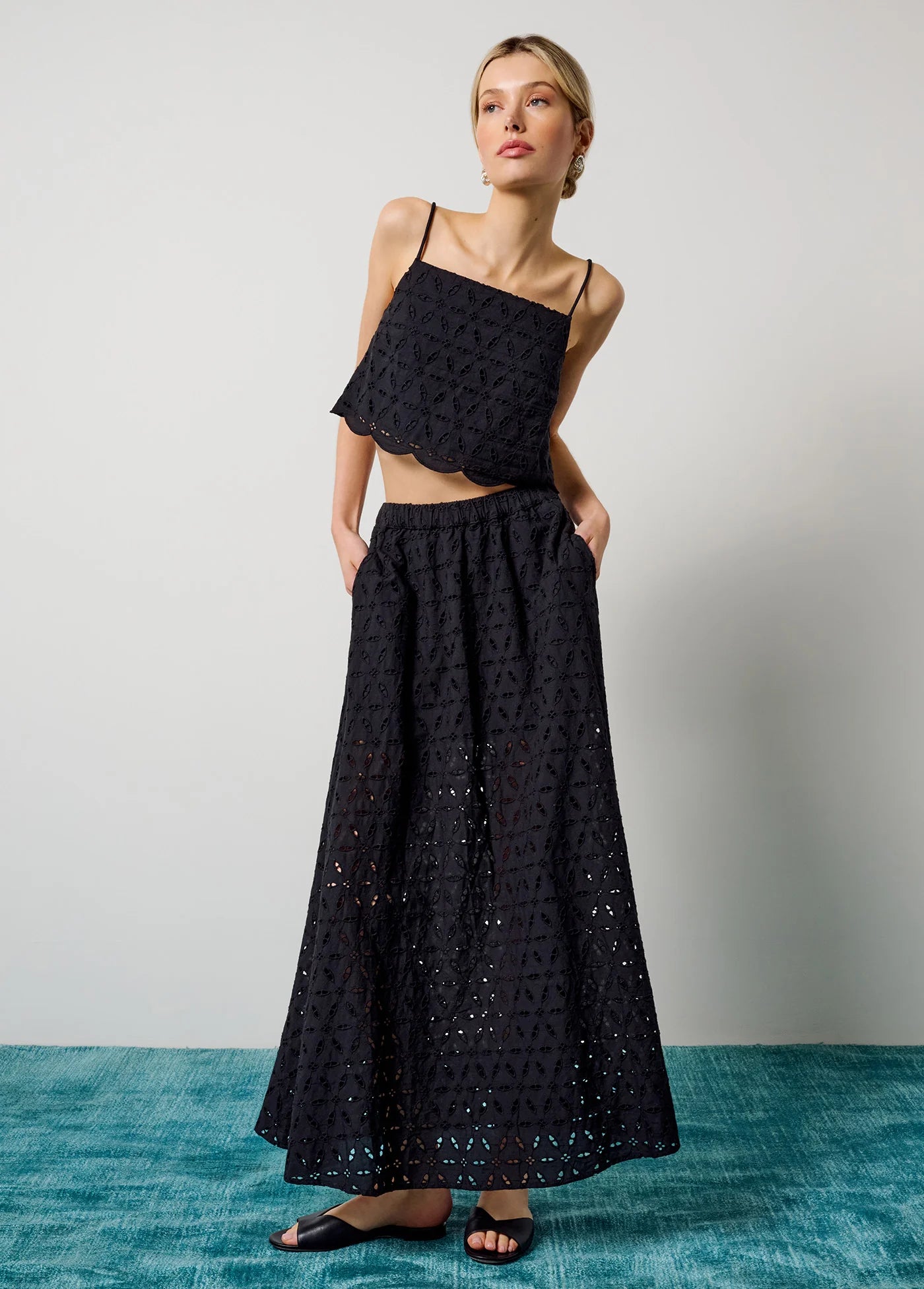 The Pretty Please Skirt front view with matching top on model