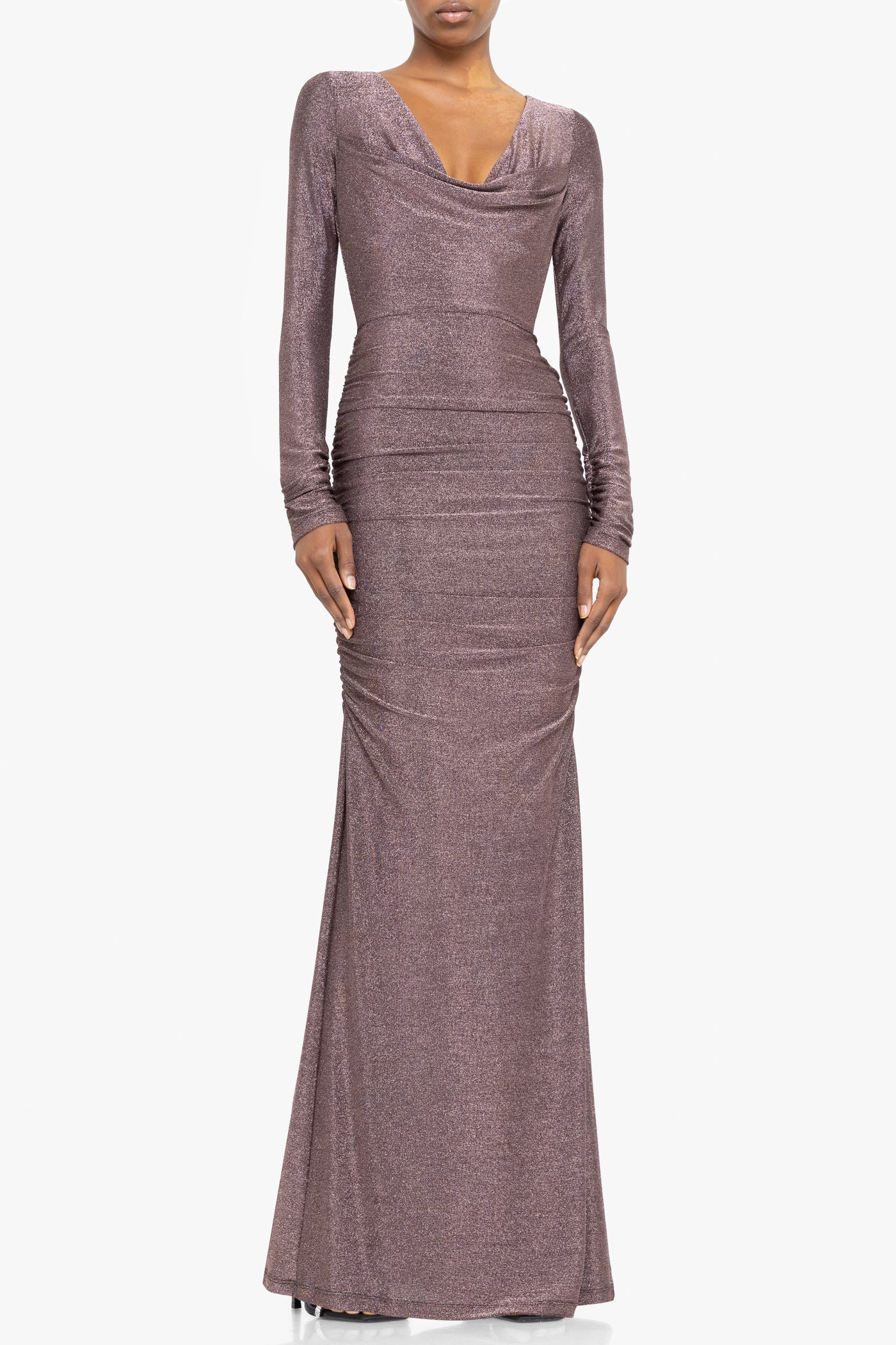 Long-sleeve evening gown in a metallic purple hue on a white background front view