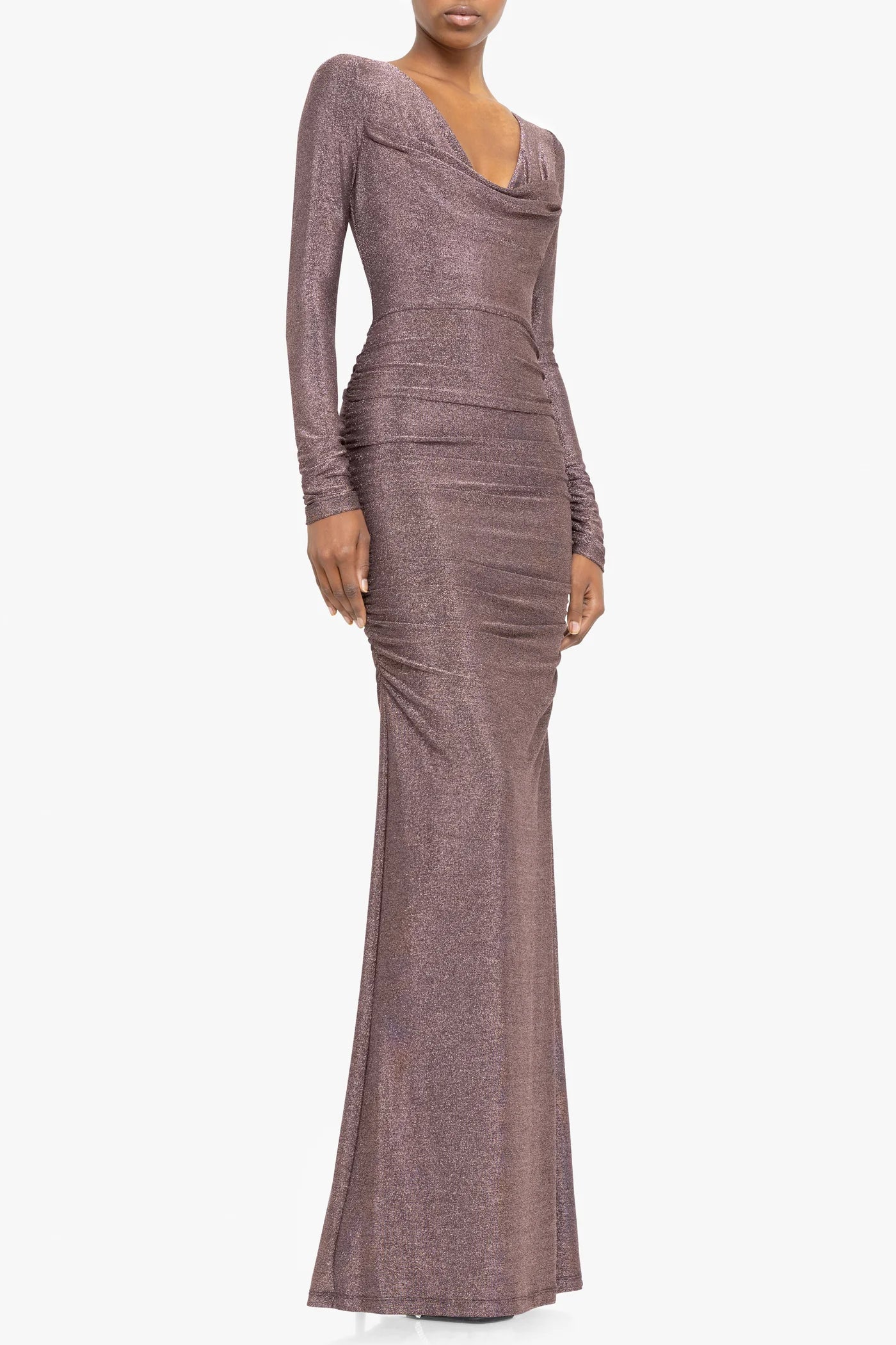 Mauve evening gown with long sleeves on a white background front view