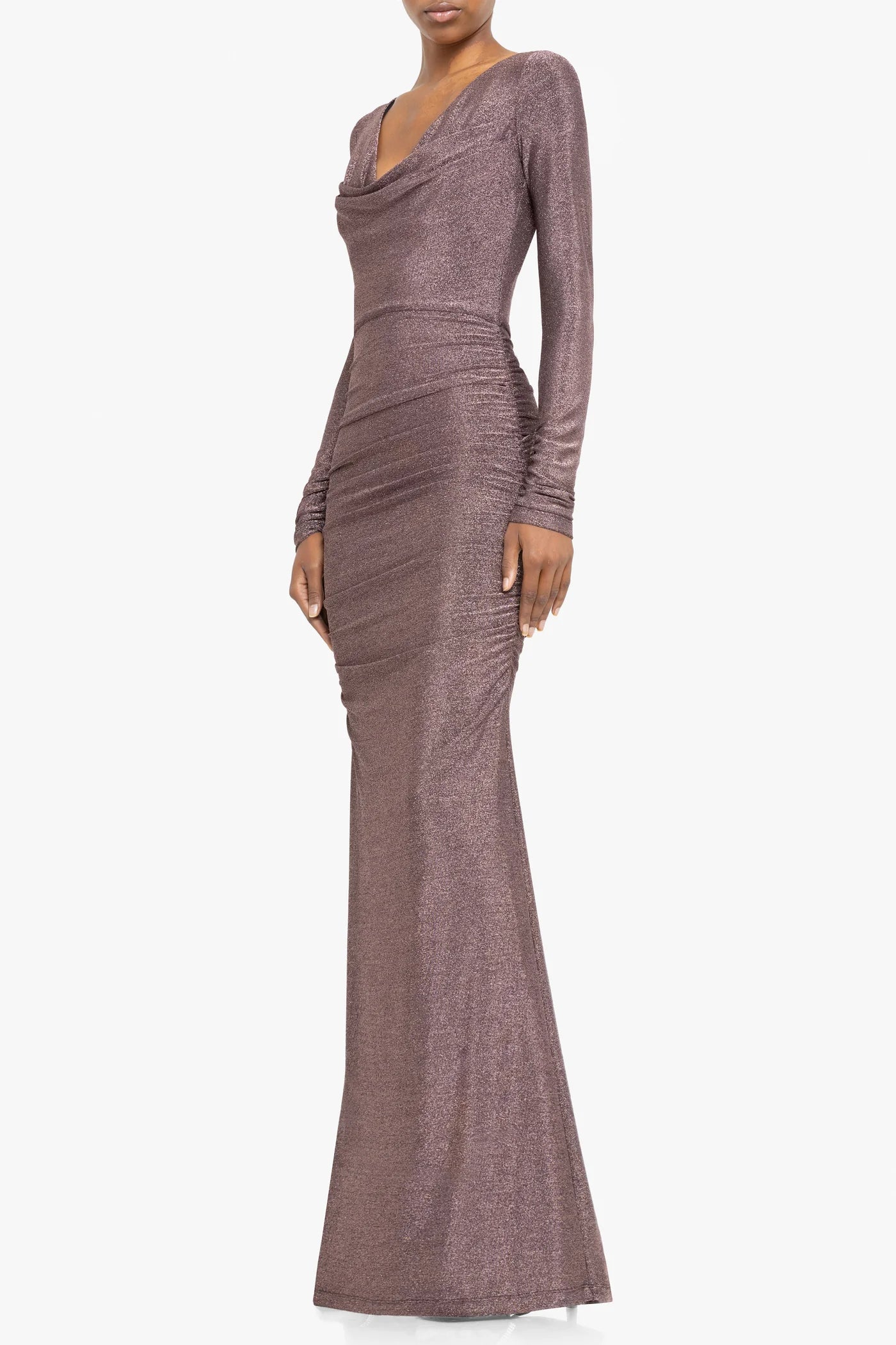Mauve evening gown with long sleeves on a white background front view