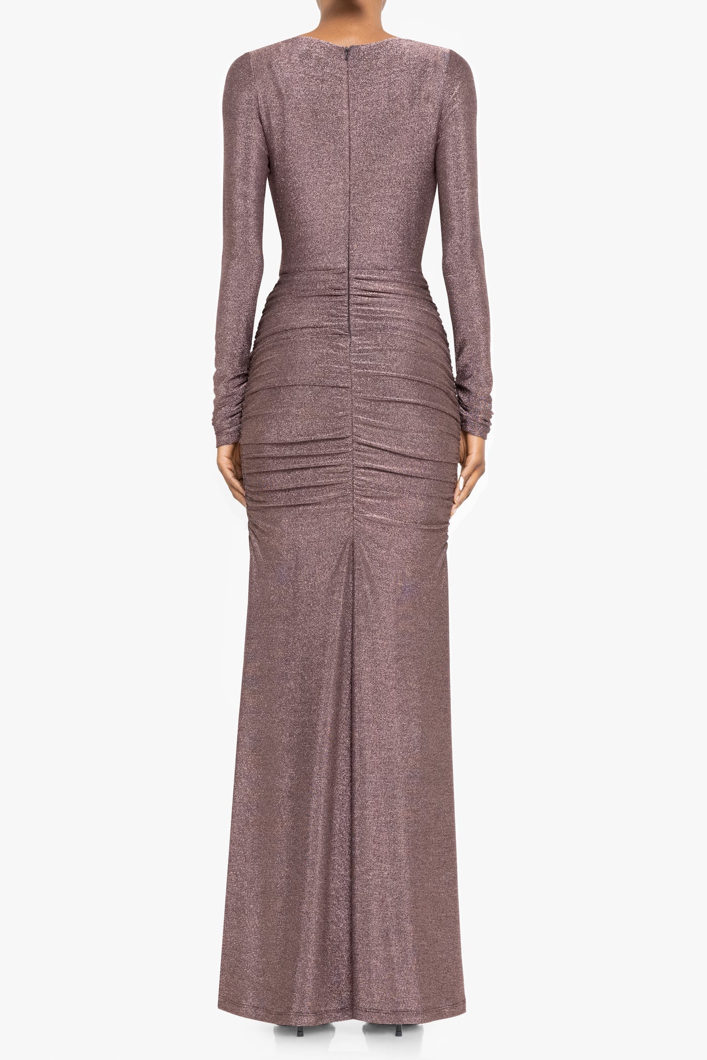 Mauve evening gown with long sleeves on a white background back view