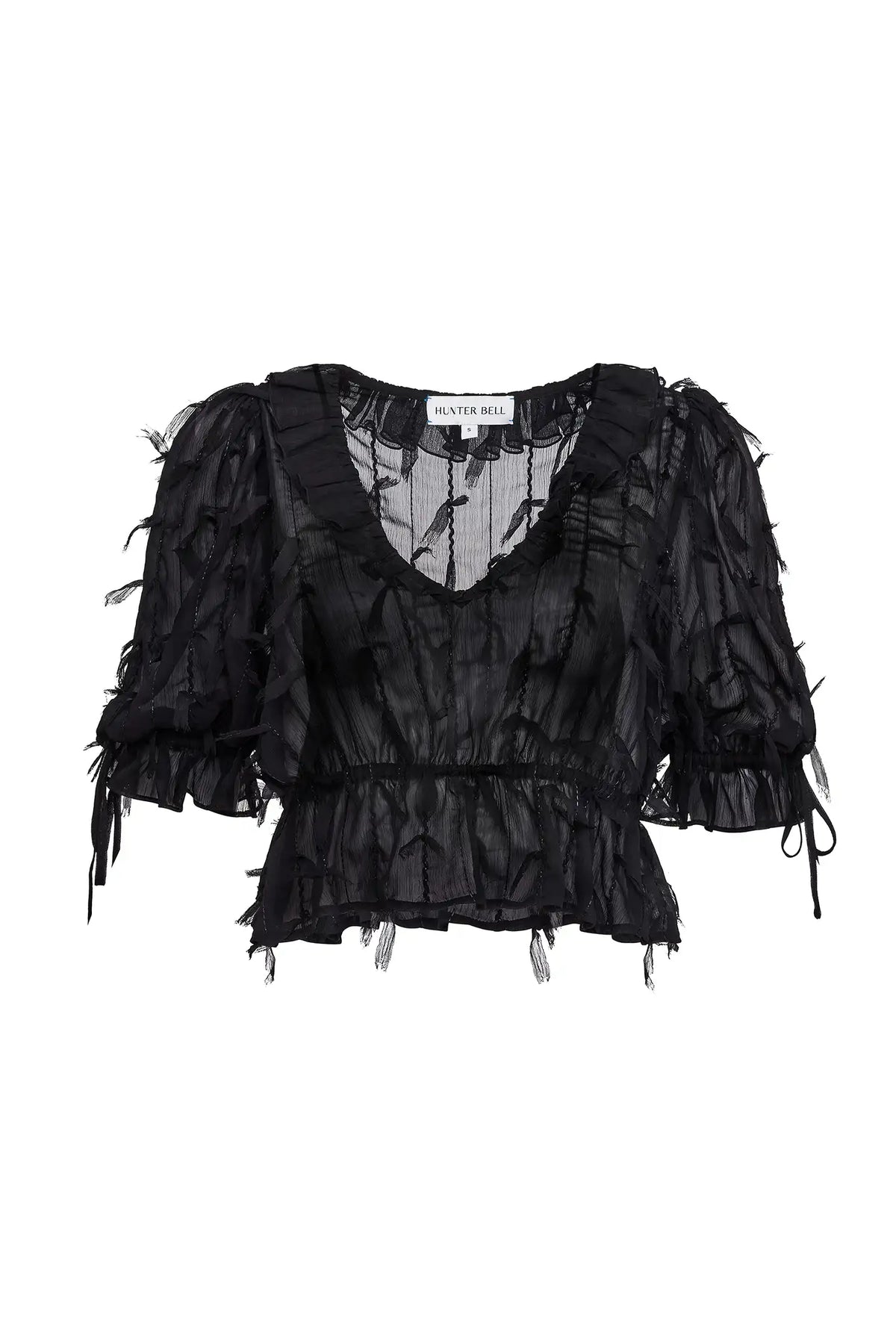 A black sheer ruffled blouse with tiered puff sleeves, a deep V-neckline, and a gathered peplum waist, shown against a plain white background.