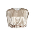 A champagne gold satin crop top with a subtle dotted pattern, featuring a gathered puff sleeve and a ruffled hem, shown against a plain white background.