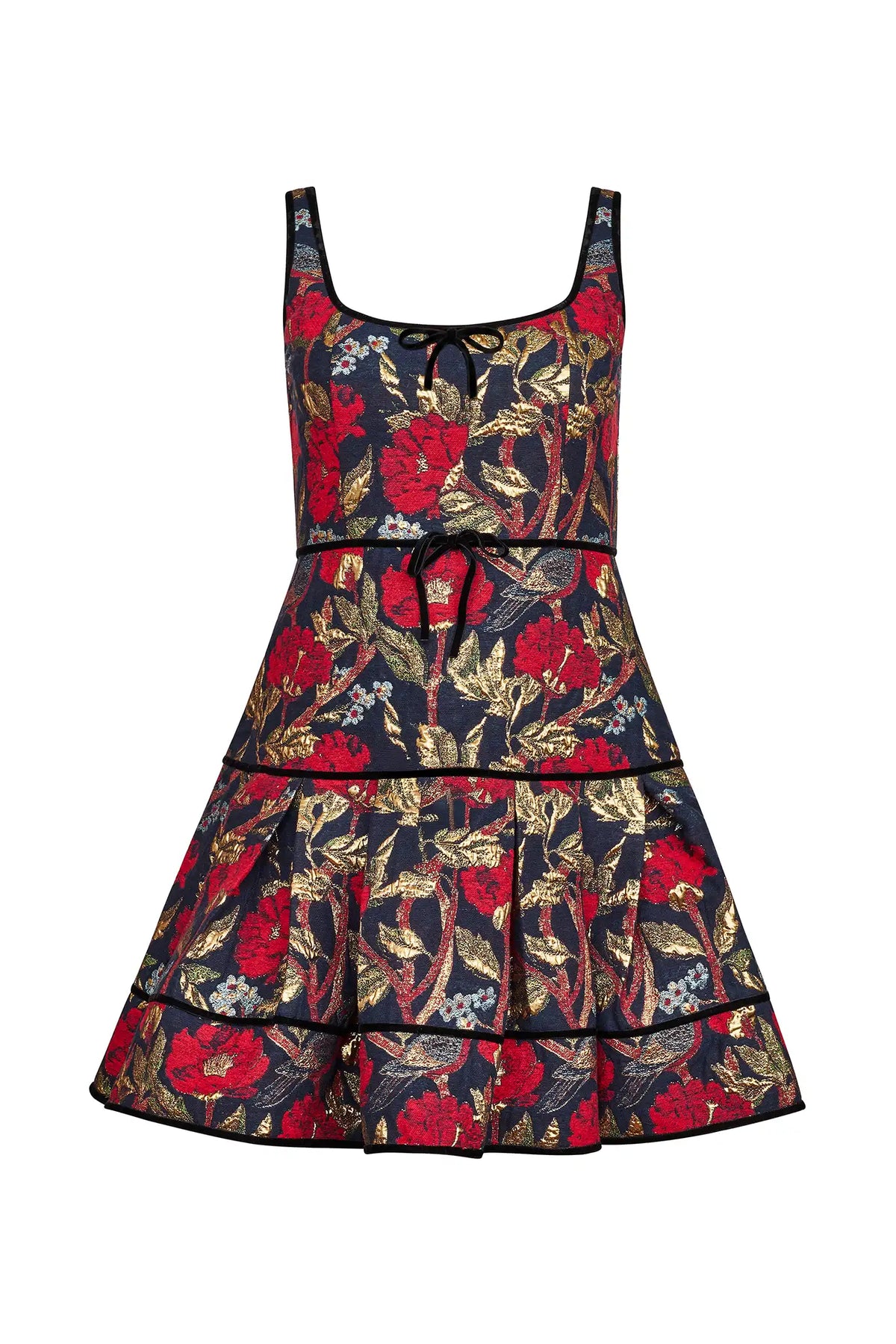 A sleeveless tiered dress with a red and gold floral print on a dark navy background, featuring a tie-neck detail and ruffled hem.
