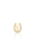 A gold horseshoe-shaped stud earring adorned with clear pavé gemstones, shown on a clean white background with a soft reflection below.