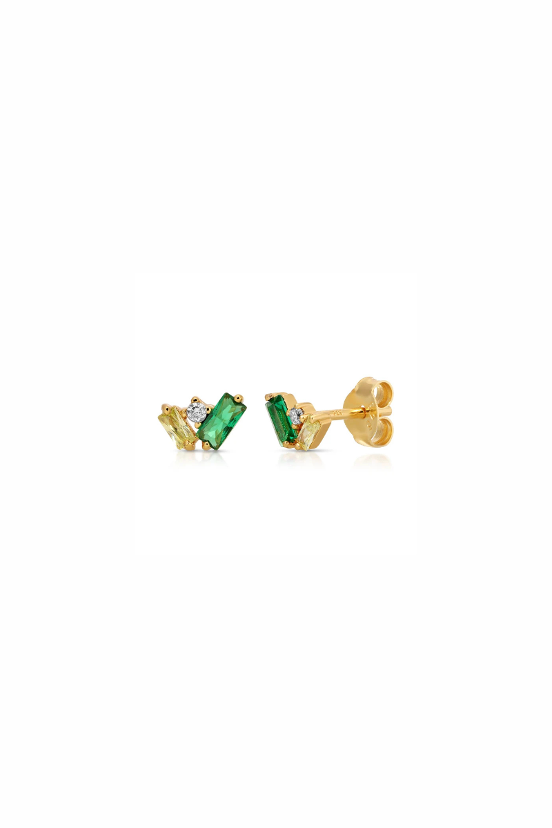 Olivia Green Cluster Stud Earrings front and side view