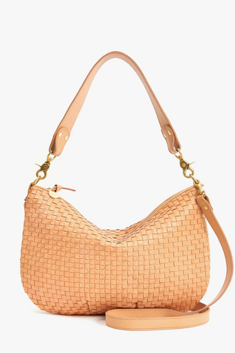 Clare V Moyen Messenger Woven Checker Bisque front