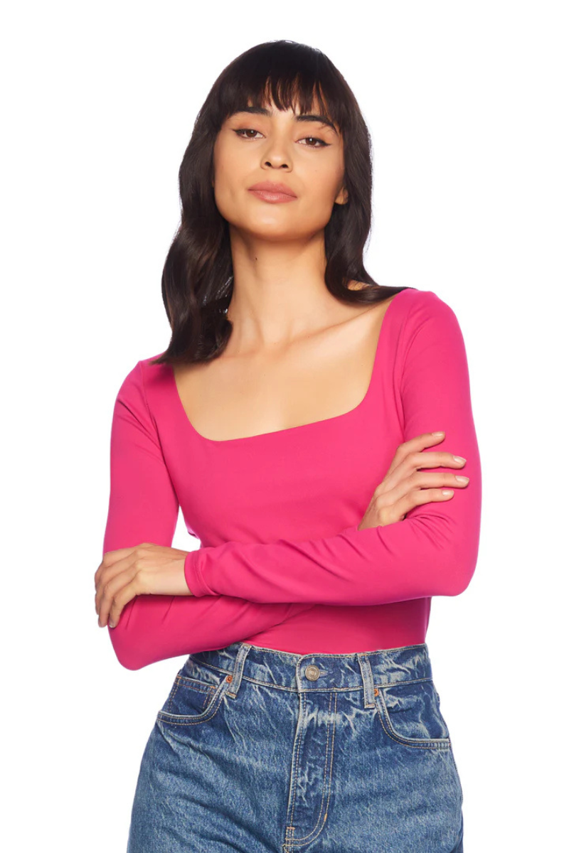 Susana Monaco Long Sleeve Scoop Front Top in Peony close up front