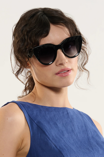Krewe Charlotte Black + Black Crystal Sunglasses on heart shape face