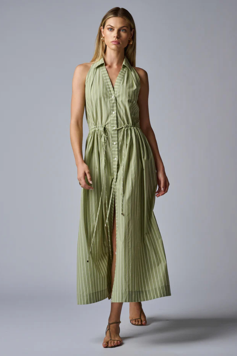 Hevron Stella Midi Dress in Sage Stripe front