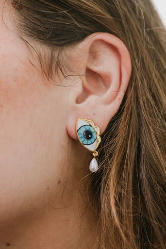 Lele Sadoughi Evil Eye Pearl Drop Earring on ear