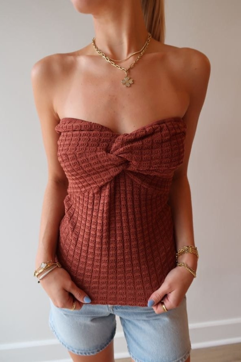 Essentiel Holo Strapless Knit Top in Rooibos Tea close up