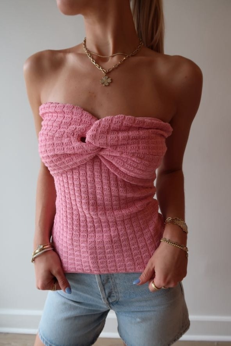 Essentiel Holo Strapless Knit Top in Fairy Tale close up