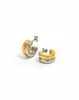A pair of gold and silver hoop earrings with a polished finish, displayed on a clean white background.