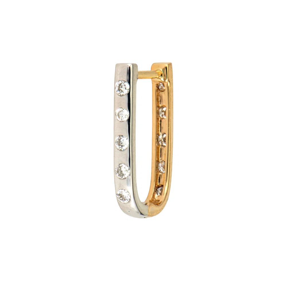 A two-tone hoop earring featuring one half in polished silver and the other in polished yellow gold, both adorned with small clear round-cut stones, shown on a plain white background.