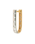 A two-tone hoop earring featuring one half in polished silver and the other in polished yellow gold, both adorned with small clear round-cut stones, shown on a plain white background.