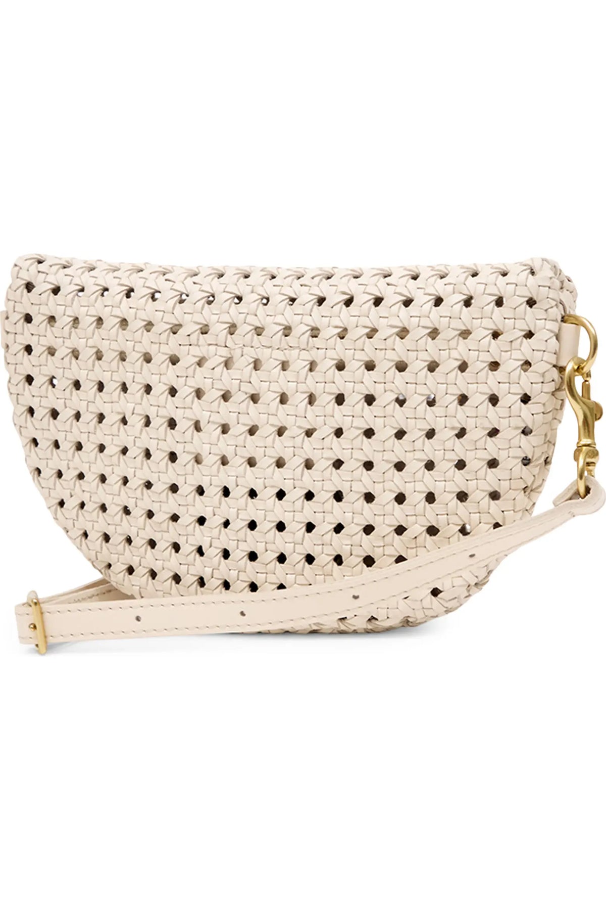 A cream-colored woven leather half-moon shoulder bag with a matching strap and gold-tone hardware, shown against a plain white background.