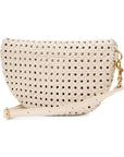 A cream-colored woven leather half-moon shoulder bag with a matching strap and gold-tone hardware, shown against a plain white background.