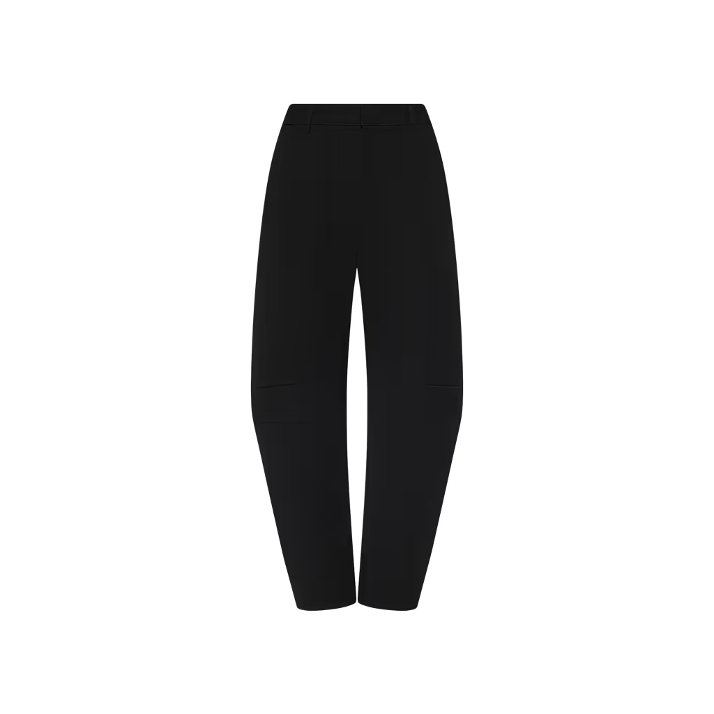 Black cropped pants with a straight, relaxed silhouette, shown flat against a solid white background.