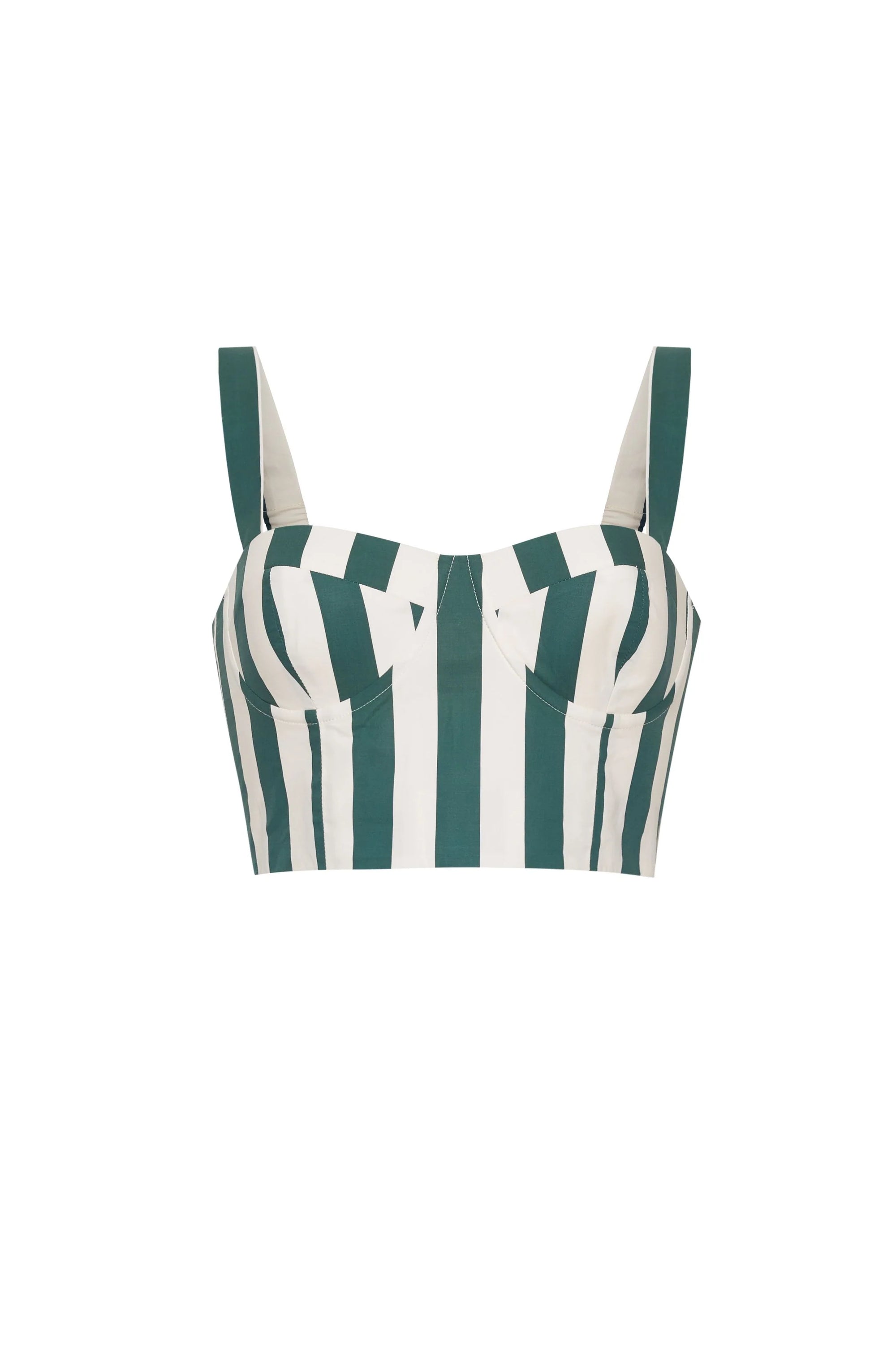 Green and white striped crop top on a white background