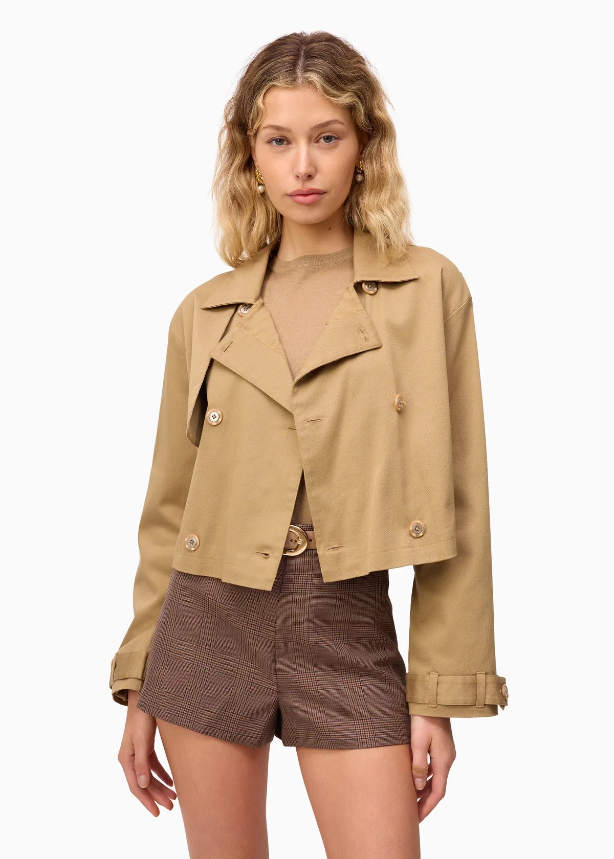Evans Cropped Trench front, unbuttoned