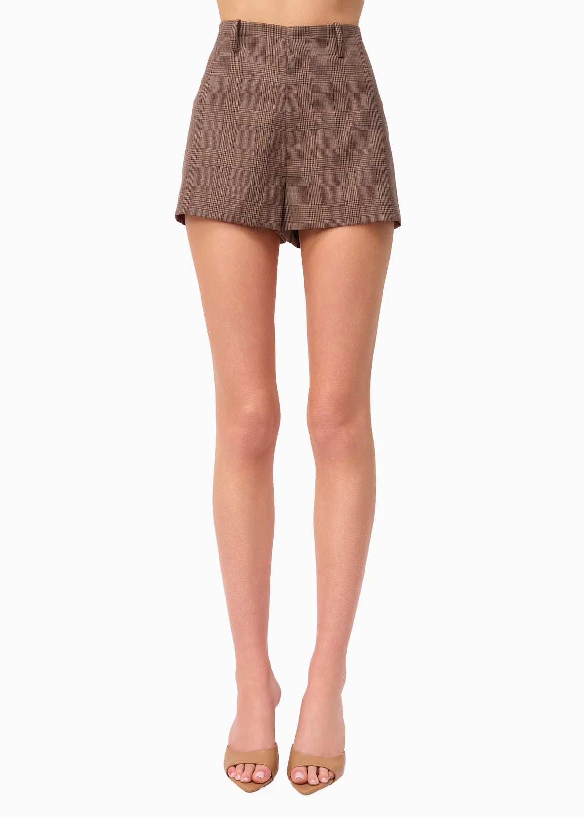 Brown checkered shorts worn by a person on a white background, front
