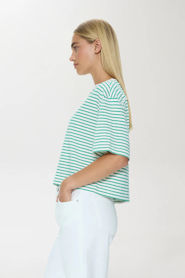 Woman wearing a green and white striped shirt against a white background